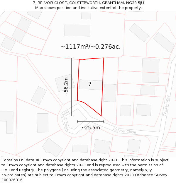 7, BELVOIR CLOSE, COLSTERWORTH, GRANTHAM, NG33 5JU: Plot and title map