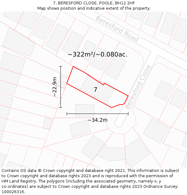 7, BERESFORD CLOSE, POOLE, BH12 2HF: Plot and title map