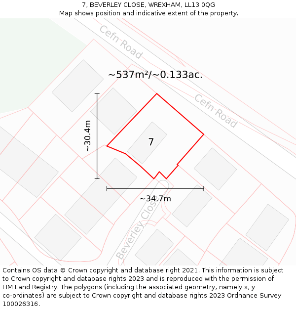 7, BEVERLEY CLOSE, WREXHAM, LL13 0QG: Plot and title map