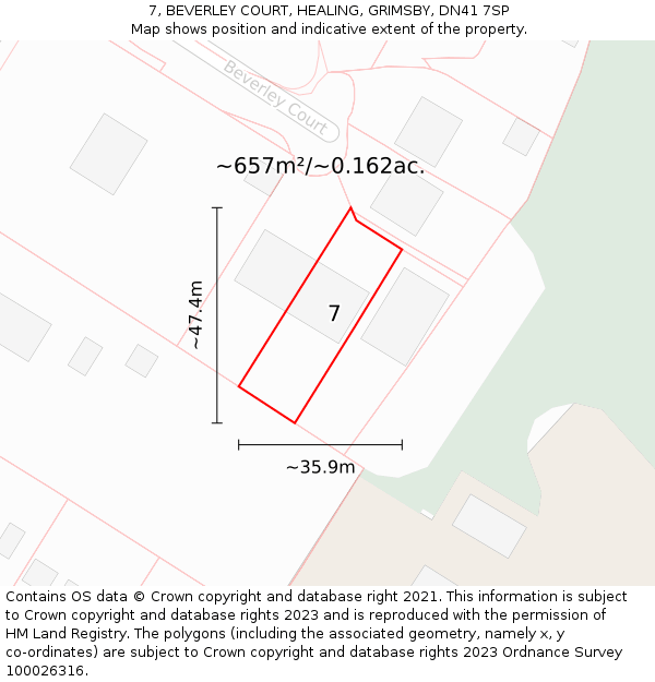 7, BEVERLEY COURT, HEALING, GRIMSBY, DN41 7SP: Plot and title map