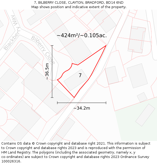 7, BILBERRY CLOSE, CLAYTON, BRADFORD, BD14 6ND: Plot and title map