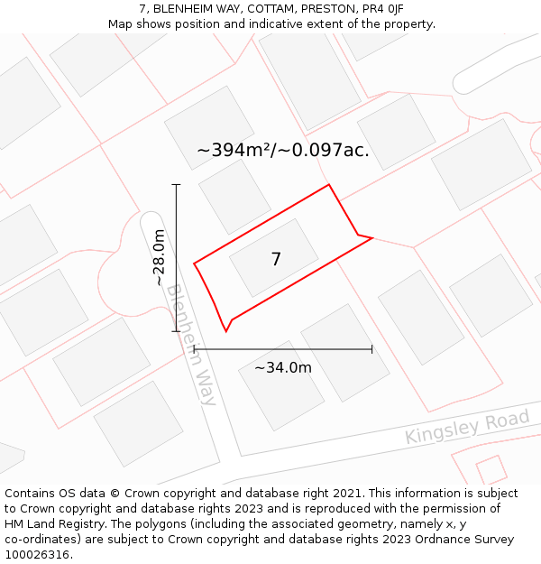 7, BLENHEIM WAY, COTTAM, PRESTON, PR4 0JF: Plot and title map