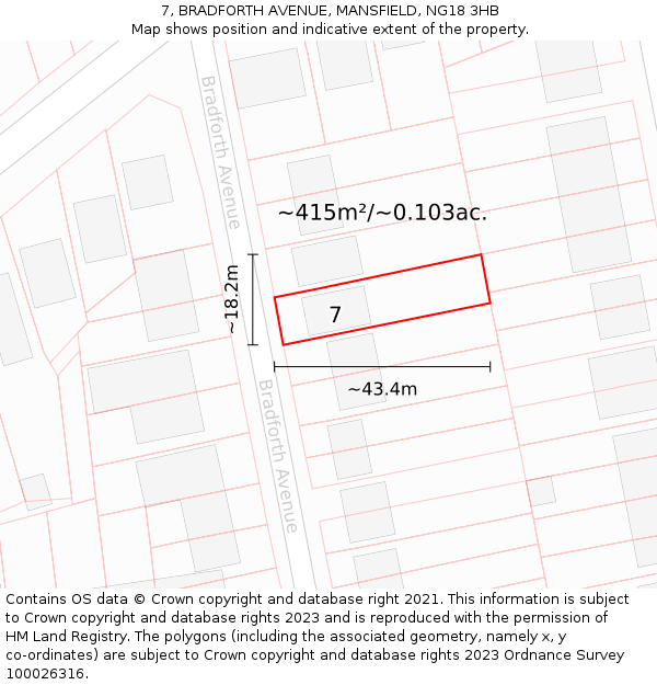 7, BRADFORTH AVENUE, MANSFIELD, NG18 3HB: Plot and title map