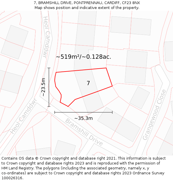 7, BRAMSHILL DRIVE, PONTPRENNAU, CARDIFF, CF23 8NX: Plot and title map