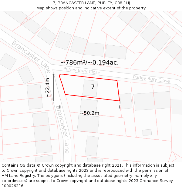 7, BRANCASTER LANE, PURLEY, CR8 1HJ: Plot and title map