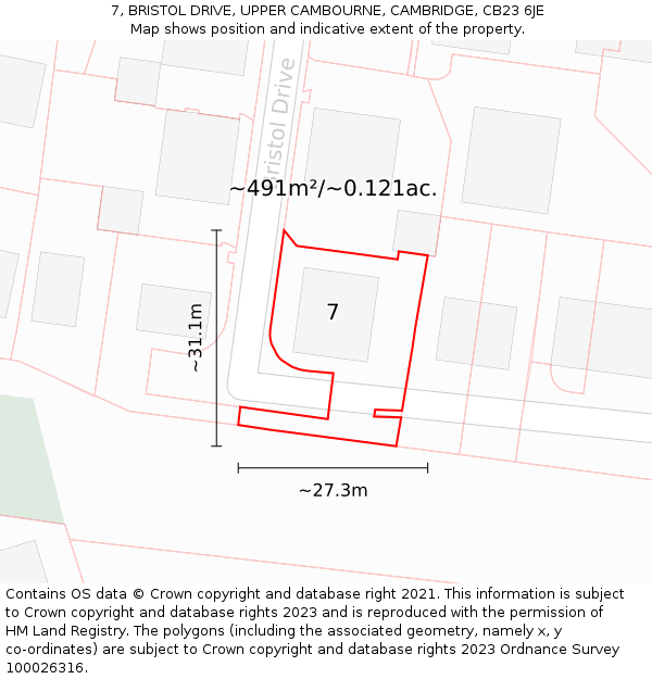 7, BRISTOL DRIVE, UPPER CAMBOURNE, CAMBRIDGE, CB23 6JE: Plot and title map