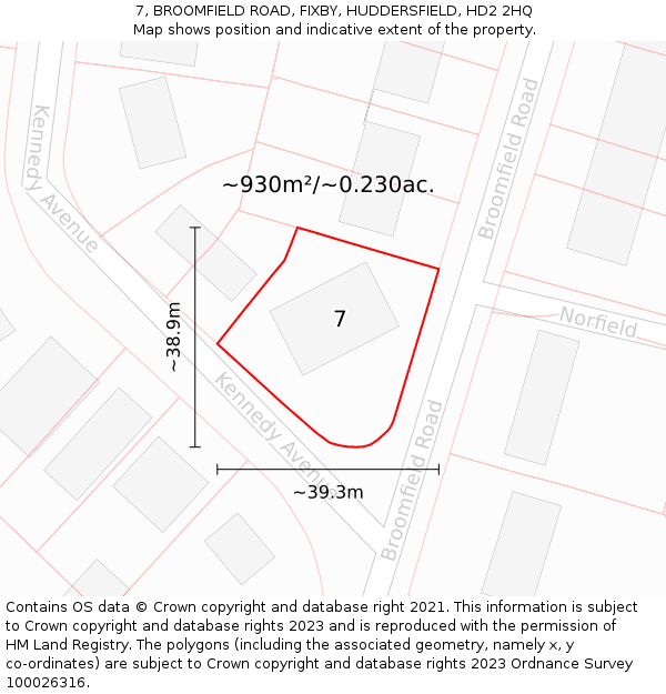 7, BROOMFIELD ROAD, FIXBY, HUDDERSFIELD, HD2 2HQ: Plot and title map