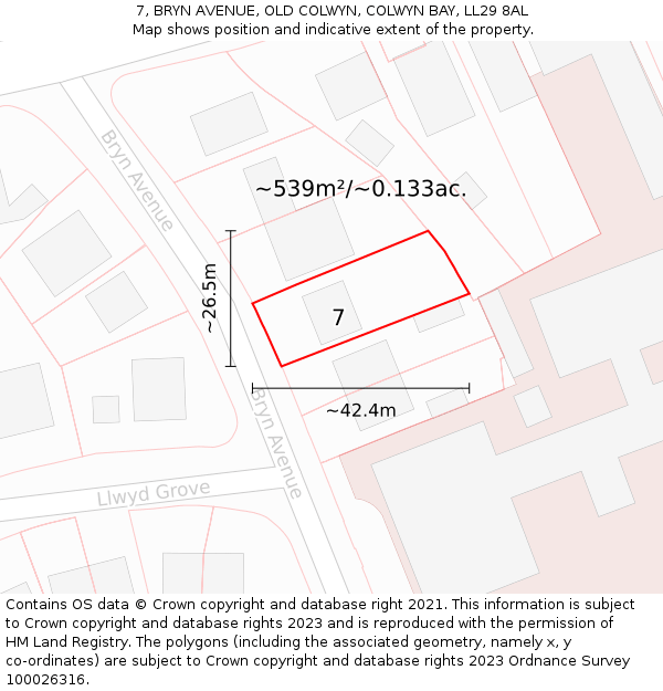 7, BRYN AVENUE, OLD COLWYN, COLWYN BAY, LL29 8AL: Plot and title map