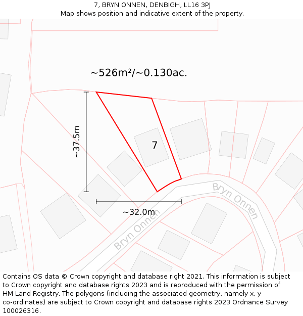 7, BRYN ONNEN, DENBIGH, LL16 3PJ: Plot and title map