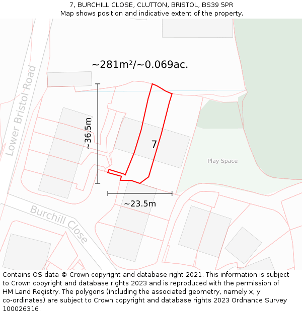 7, BURCHILL CLOSE, CLUTTON, BRISTOL, BS39 5PR: Plot and title map