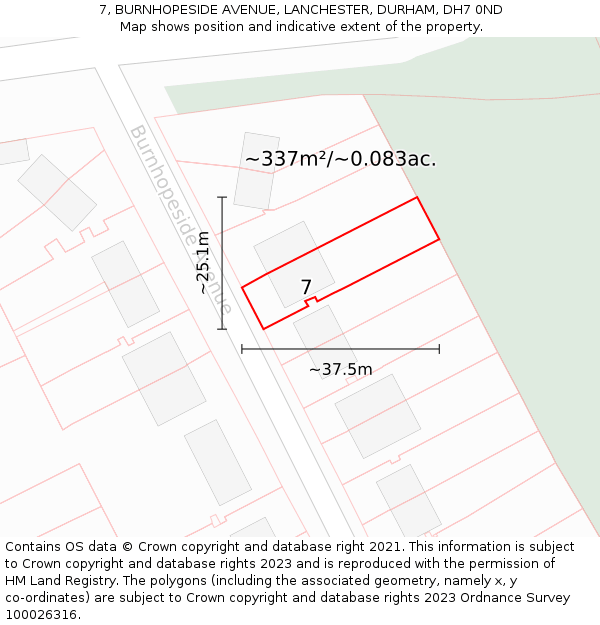 7, BURNHOPESIDE AVENUE, LANCHESTER, DURHAM, DH7 0ND: Plot and title map