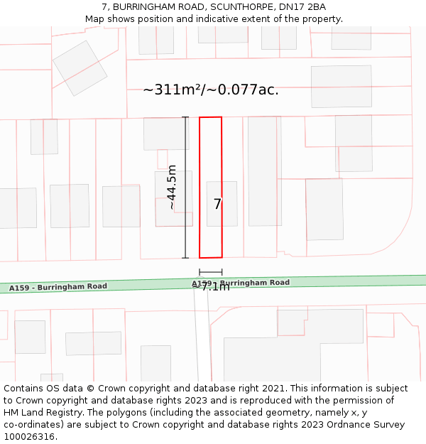 7, BURRINGHAM ROAD, SCUNTHORPE, DN17 2BA: Plot and title map