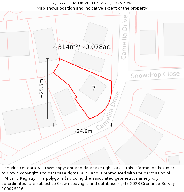 7, CAMELLIA DRIVE, LEYLAND, PR25 5RW: Plot and title map