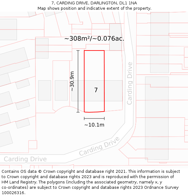 7, CARDING DRIVE, DARLINGTON, DL1 1NA: Plot and title map