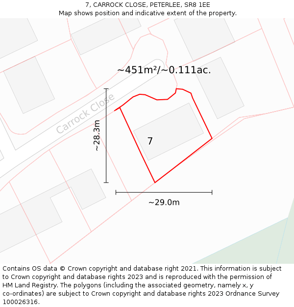 7, CARROCK CLOSE, PETERLEE, SR8 1EE: Plot and title map