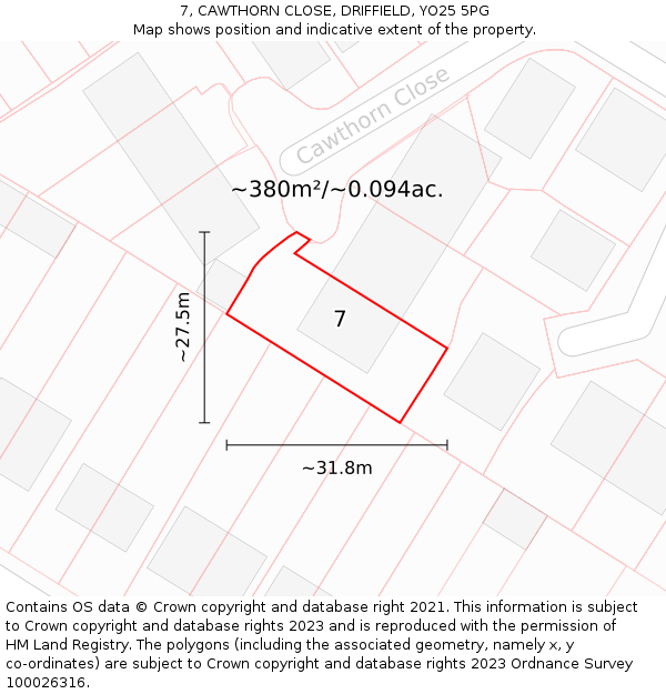 7, CAWTHORN CLOSE, DRIFFIELD, YO25 5PG: Plot and title map