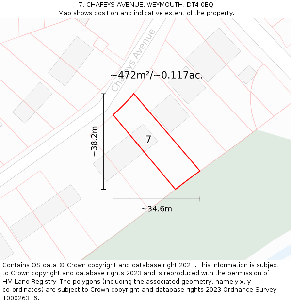 7, CHAFEYS AVENUE, WEYMOUTH, DT4 0EQ: Plot and title map