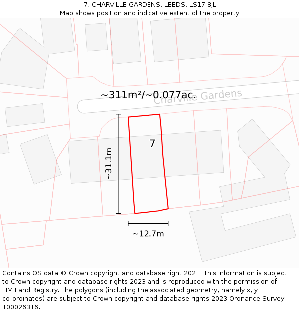 7, CHARVILLE GARDENS, LEEDS, LS17 8JL: Plot and title map