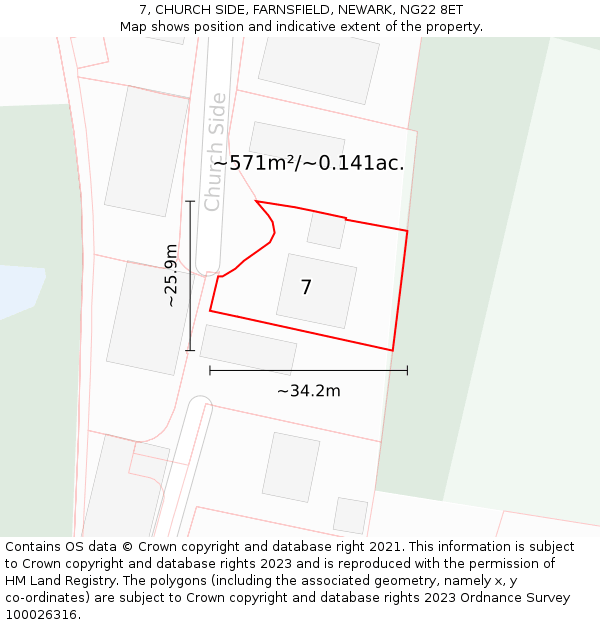 7, CHURCH SIDE, FARNSFIELD, NEWARK, NG22 8ET: Plot and title map