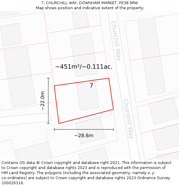 7, CHURCHILL WAY, DOWNHAM MARKET, PE38 9RW: Plot and title map