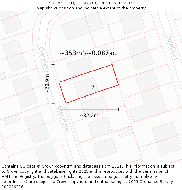 7, CLANFIELD, FULWOOD, PRESTON, PR2 9RR: Plot and title map