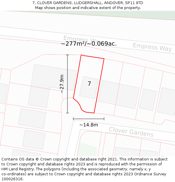 7, CLOVER GARDENS, LUDGERSHALL, ANDOVER, SP11 9TD: Plot and title map