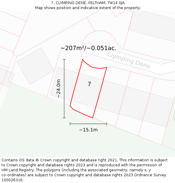 7, CLYMPING DENE, FELTHAM, TW14 0JA: Plot and title map