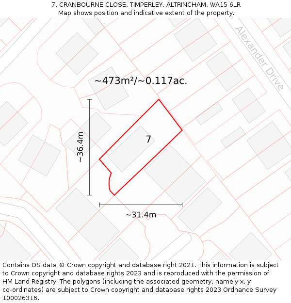 7, CRANBOURNE CLOSE, TIMPERLEY, ALTRINCHAM, WA15 6LR: Plot and title map