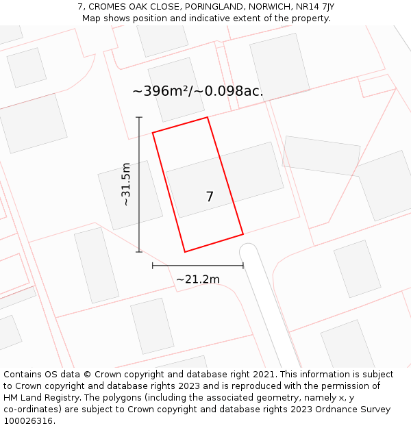 7, CROMES OAK CLOSE, PORINGLAND, NORWICH, NR14 7JY: Plot and title map