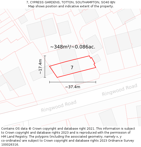 7, CYPRESS GARDENS, TOTTON, SOUTHAMPTON, SO40 8JN: Plot and title map