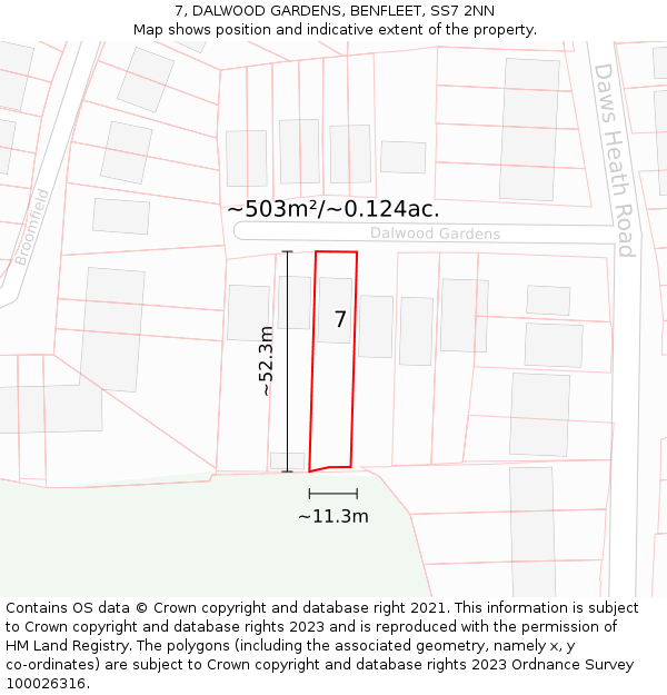 7, DALWOOD GARDENS, BENFLEET, SS7 2NN: Plot and title map