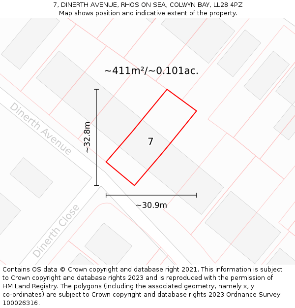 7, DINERTH AVENUE, RHOS ON SEA, COLWYN BAY, LL28 4PZ: Plot and title map