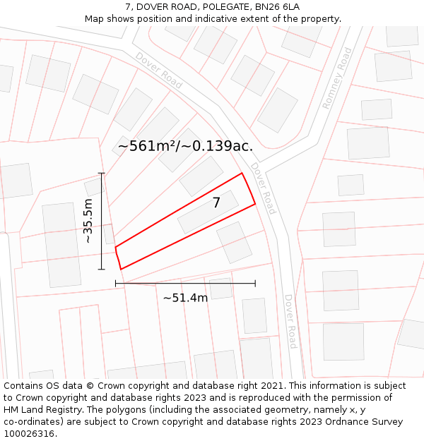 7, DOVER ROAD, POLEGATE, BN26 6LA: Plot and title map