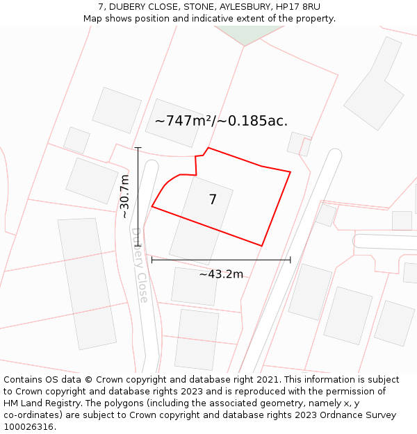 7, DUBERY CLOSE, STONE, AYLESBURY, HP17 8RU: Plot and title map