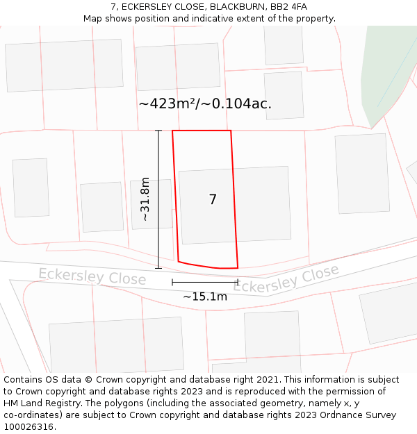 7, ECKERSLEY CLOSE, BLACKBURN, BB2 4FA: Plot and title map