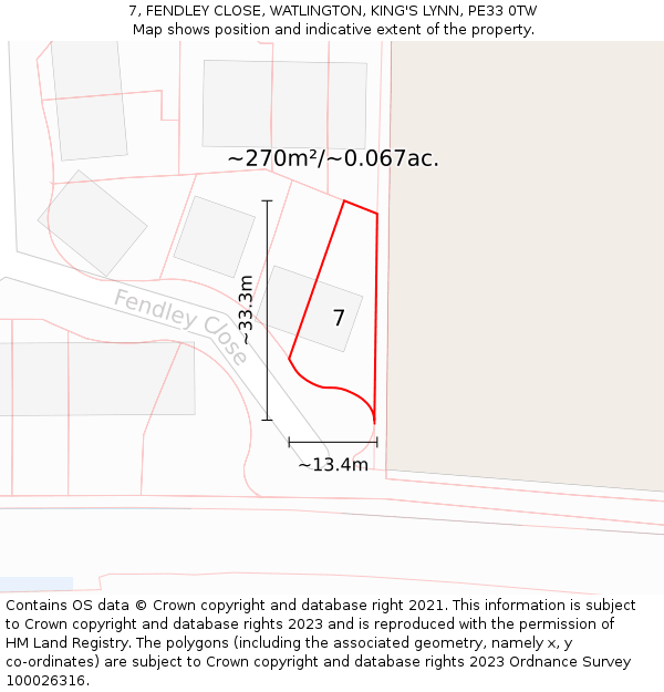 7, FENDLEY CLOSE, WATLINGTON, KING'S LYNN, PE33 0TW: Plot and title map