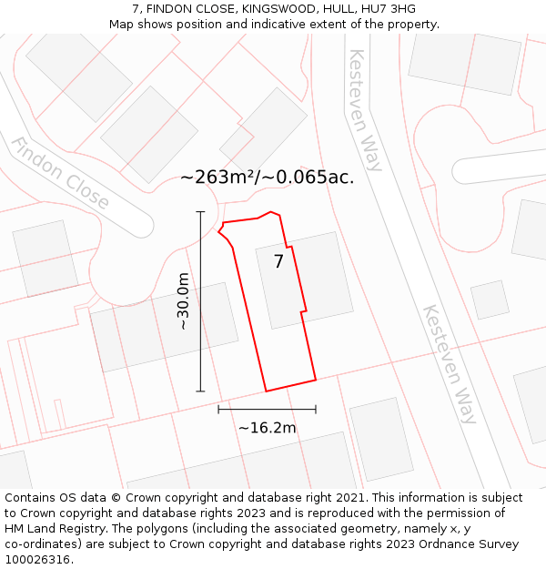 7, FINDON CLOSE, KINGSWOOD, HULL, HU7 3HG: Plot and title map