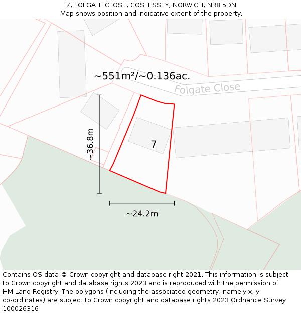 7, FOLGATE CLOSE, COSTESSEY, NORWICH, NR8 5DN: Plot and title map