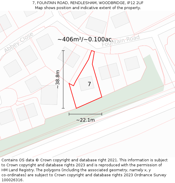 7, FOUNTAIN ROAD, RENDLESHAM, WOODBRIDGE, IP12 2UF: Plot and title map