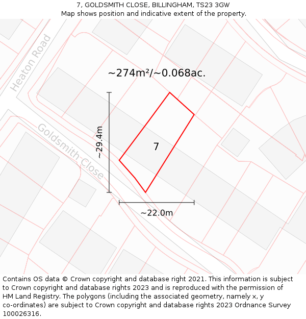 7, GOLDSMITH CLOSE, BILLINGHAM, TS23 3GW: Plot and title map