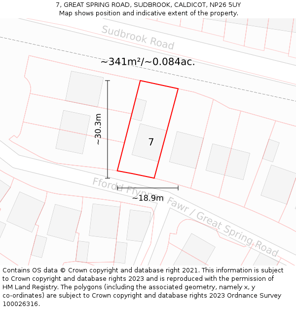 7, GREAT SPRING ROAD, SUDBROOK, CALDICOT, NP26 5UY: Plot and title map