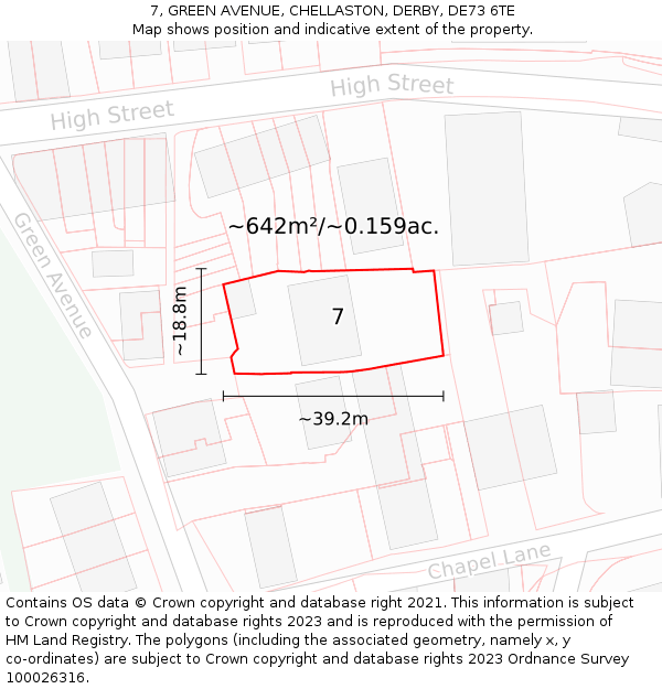 7, GREEN AVENUE, CHELLASTON, DERBY, DE73 6TE: Plot and title map