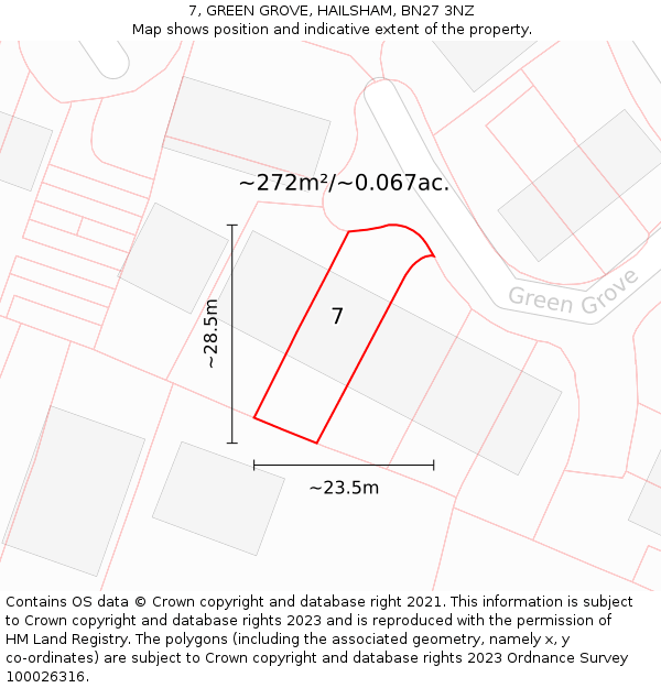 7, GREEN GROVE, HAILSHAM, BN27 3NZ: Plot and title map