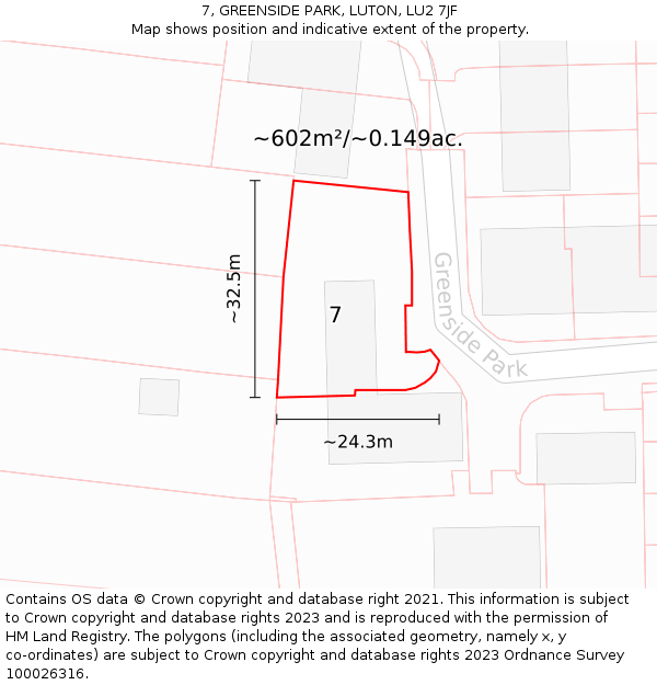 7, GREENSIDE PARK, LUTON, LU2 7JF: Plot and title map