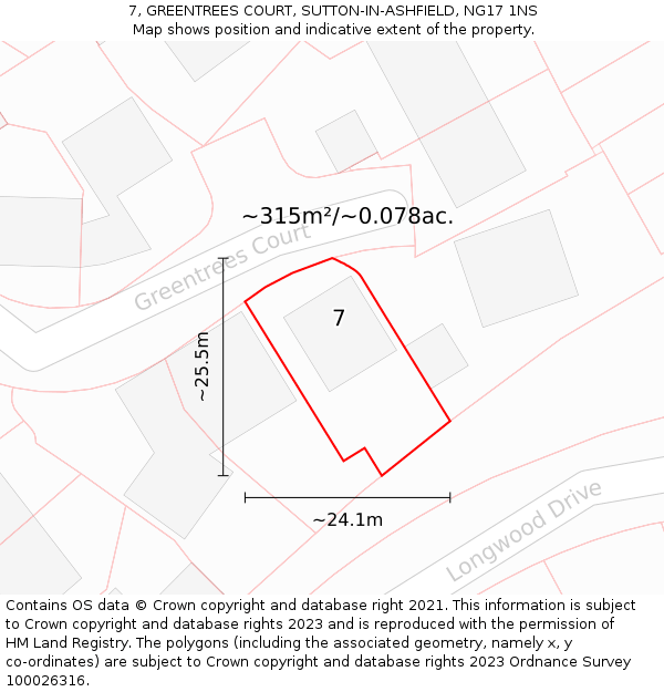 7, GREENTREES COURT, SUTTON-IN-ASHFIELD, NG17 1NS: Plot and title map