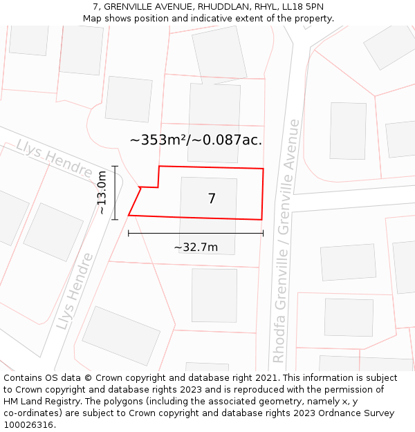 7, GRENVILLE AVENUE, RHUDDLAN, RHYL, LL18 5PN: Plot and title map