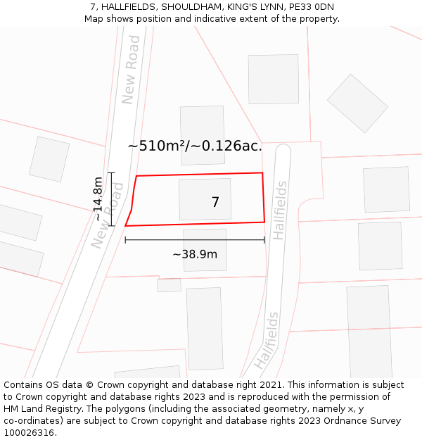 7, HALLFIELDS, SHOULDHAM, KING'S LYNN, PE33 0DN: Plot and title map