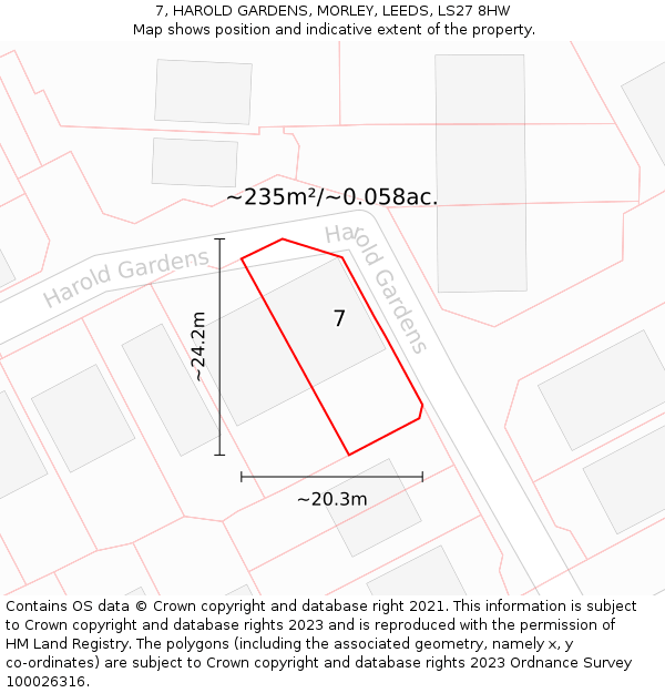 7, HAROLD GARDENS, MORLEY, LEEDS, LS27 8HW: Plot and title map