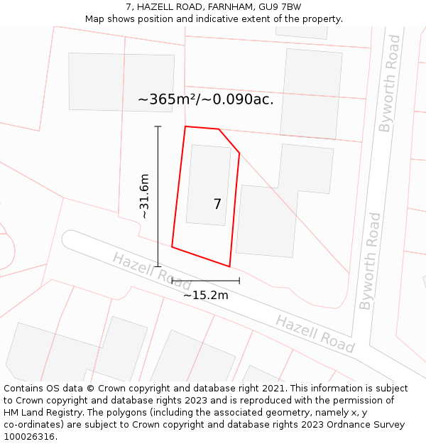 7, HAZELL ROAD, FARNHAM, GU9 7BW: Plot and title map