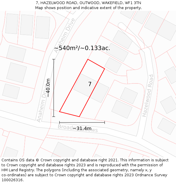 7, HAZELWOOD ROAD, OUTWOOD, WAKEFIELD, WF1 3TN: Plot and title map